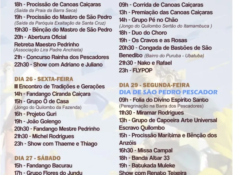 Faltam 3 dias: FUNDART divulga programação completa da 103ª FESTA DE SÃO PEDRO PESCADOR