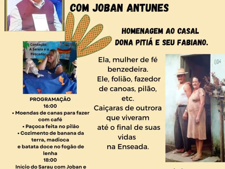 Ponto de Cultura Ciranda Caiçara – Mestre Ostinho de Ubatuba apresenta o Sarau Caiçara com Joban Antunes em homenagem a Dona Pitiá e Seu Fabiano